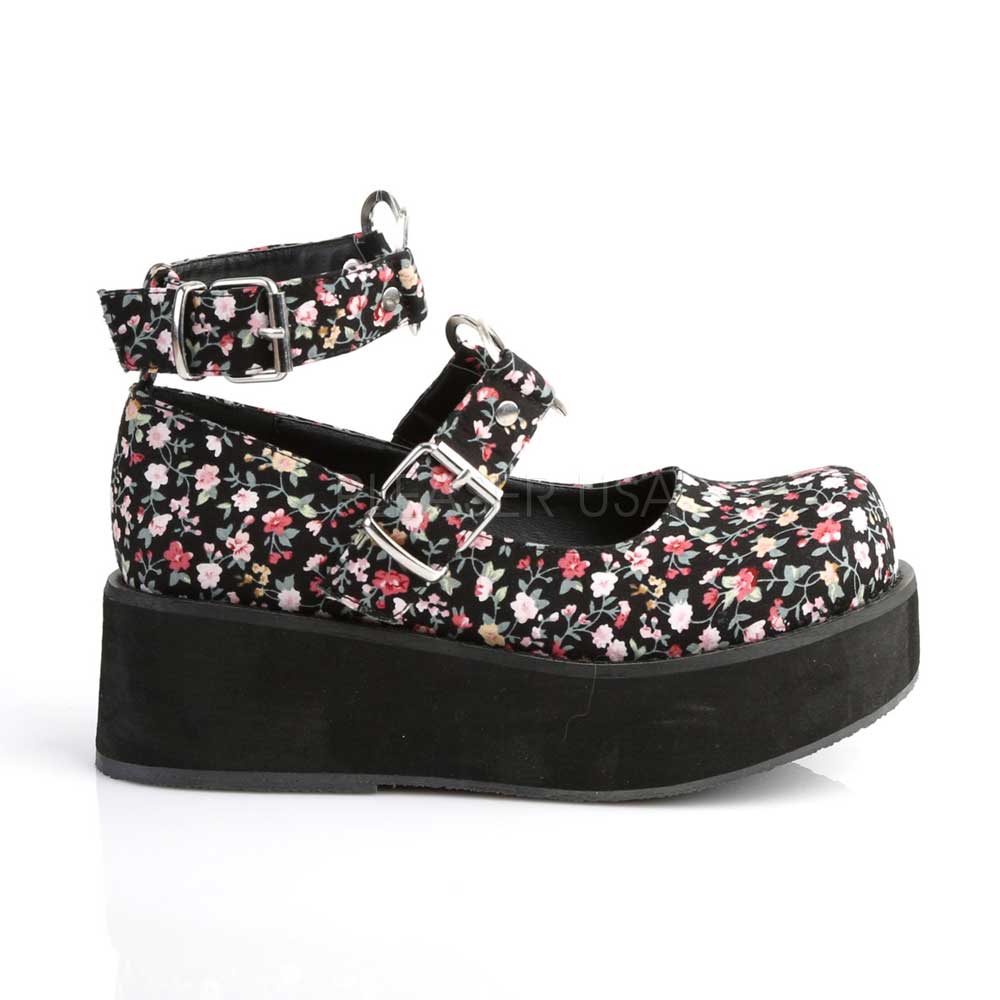 Demonia Sprite 02 Plateau Mary Jane Schuh mit Blumendruck Demonia Sprite 02 Plateau Mary Jane Schuh mit Blumendruck